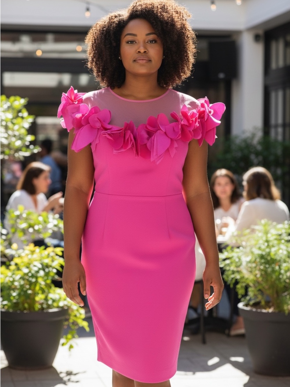 Aida Women's Bright Pink 3D Floral Neckline Cocktail Dress Size 14